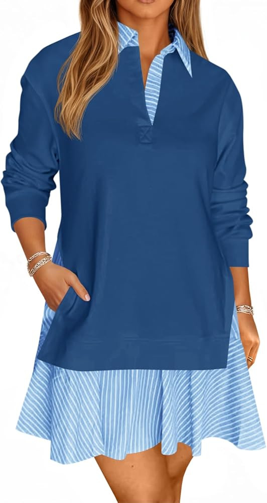 Wenrine Womens Oversized Sweatshirt Dress Casual Long Sleeve Collared V Neck Patchwork Loose Mini... | Amazon (US)