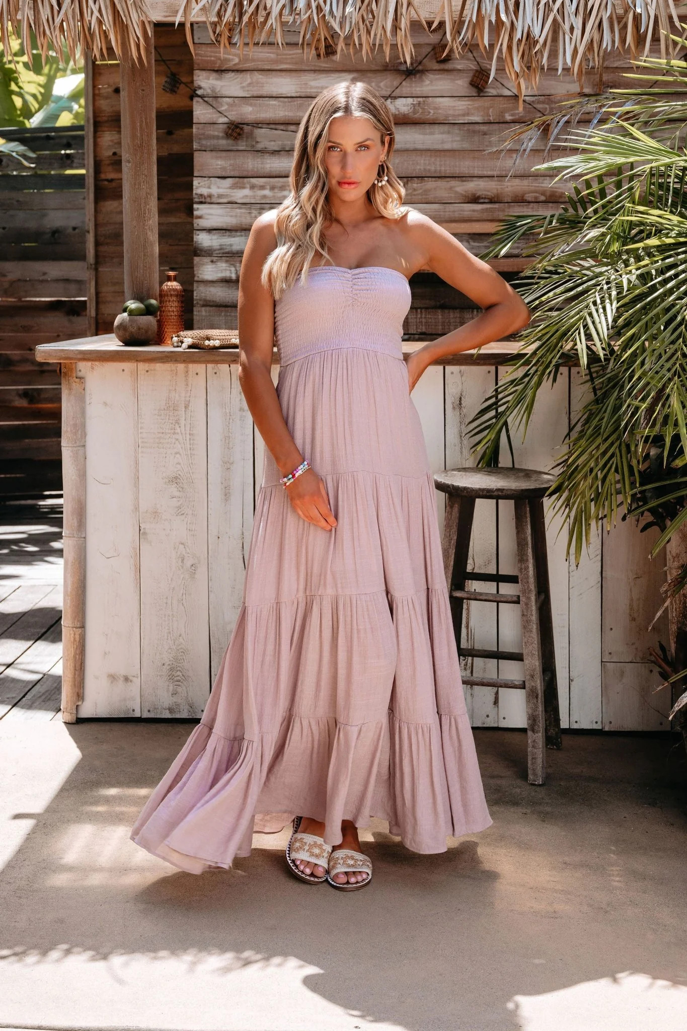 Mauve Strapless Ruched Tiered Maxi Dress | Magnolia Boutique