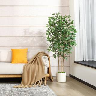 60 in. faux Ficus Tree in Pot with White Planter, Faux Green Ficus Plant, Fake Tree for Home Deco... | The Home Depot