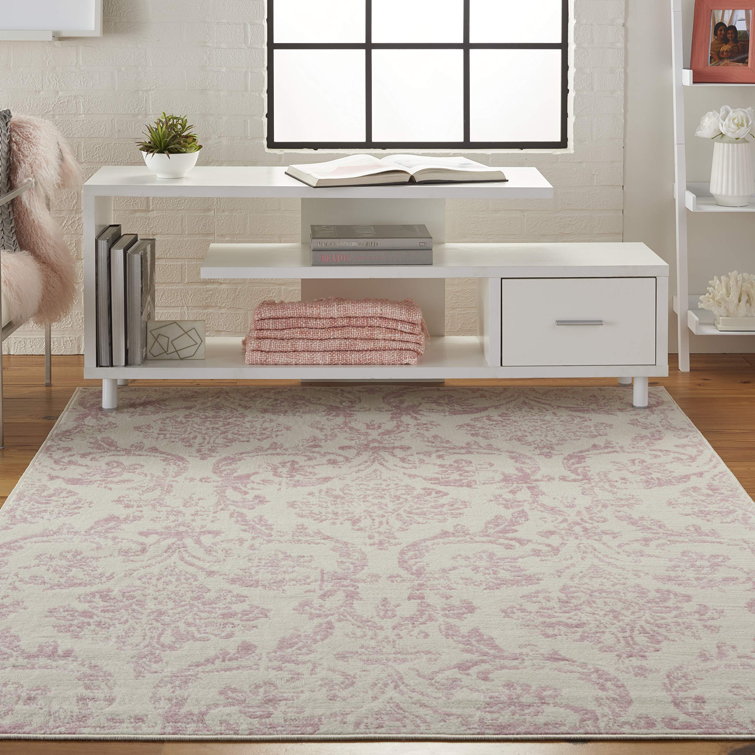 Nourison Jubilant Damask Ivory/Pink 6' x 9' Area Rug, Easy Cleaning, Non Shedding, Bed Room, Livi... | Amazon (US)