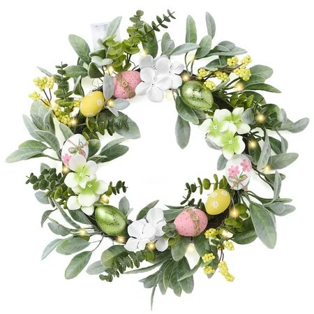 18'' Pastel Easter Egg Wreaths Decoration for Front Door with Lights, Artificial Spring Floral Wreath with Lambs Ear Leaves for Home Indoor Outdoor Window Wall Holiday Party Decor | Walmart (US)