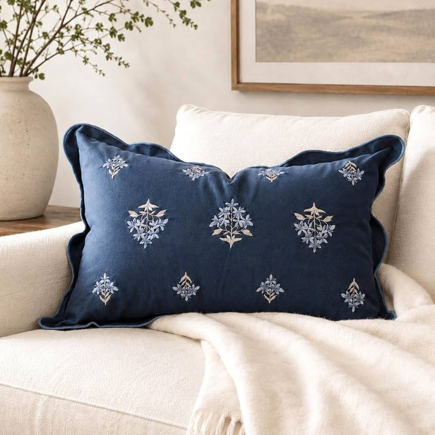 BlissBlush Lumbar Pillow Cover 12x20, Navy Blue Velvet Floral Embroidered Throw Pillow Cover with... | Amazon (US)
