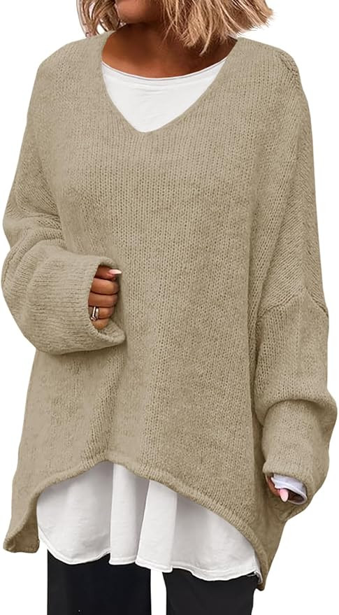 Saodimallsu Womens Oversized V Neck Sweaters Batwing Long Sleeve Knit Fall Slouchy Pullover Sweat... | Amazon (US)