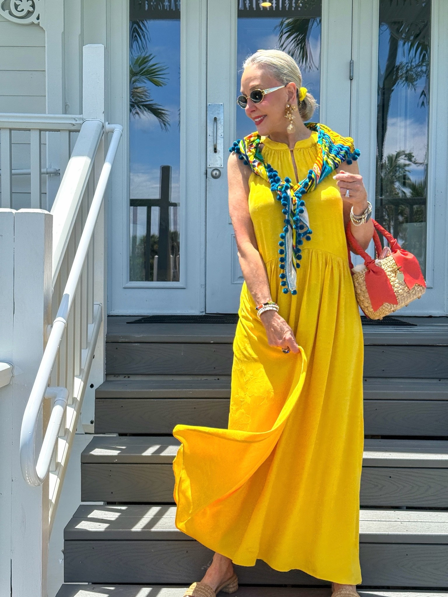 Saint & Sofia floral jacquard maxi halter dress. Slightly fitted bodice then soft pleating giving it a beautiful flowy silhouette.
Madame Mink straw bag with drawstring lining. 
Celine sunglasses 
Raffia slides with book heel.
Chico’s statement earrings

#LTKOver40 #LTKootd #LTKTravel
