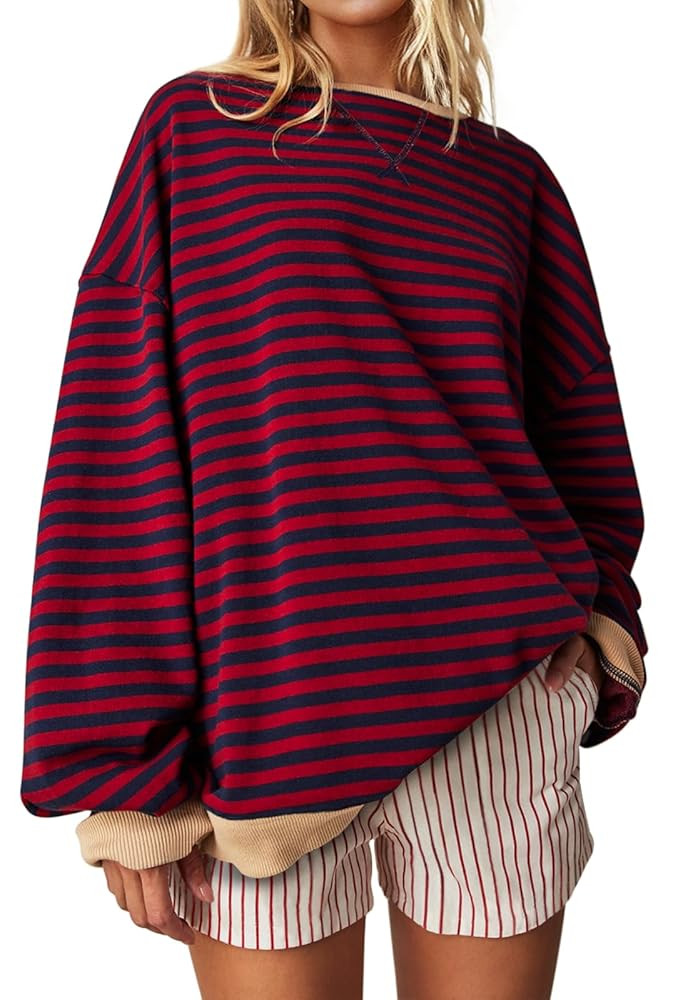 UEU Women Oversized Striped Crewneck Sweatshirt Long Sleeve Color Block Pullover Tops Casual Loos... | Amazon (US)