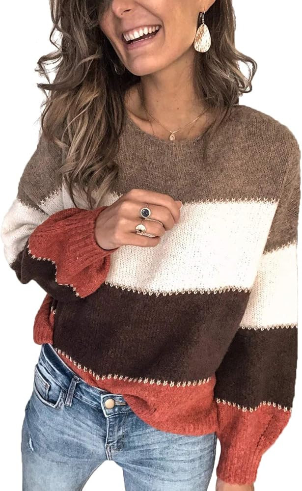 Kaei&Shi Color Block Sweater for Women Striped Colorblock Pullover Sweater Ballon Sleeve Knit Ove... | Amazon (US)
