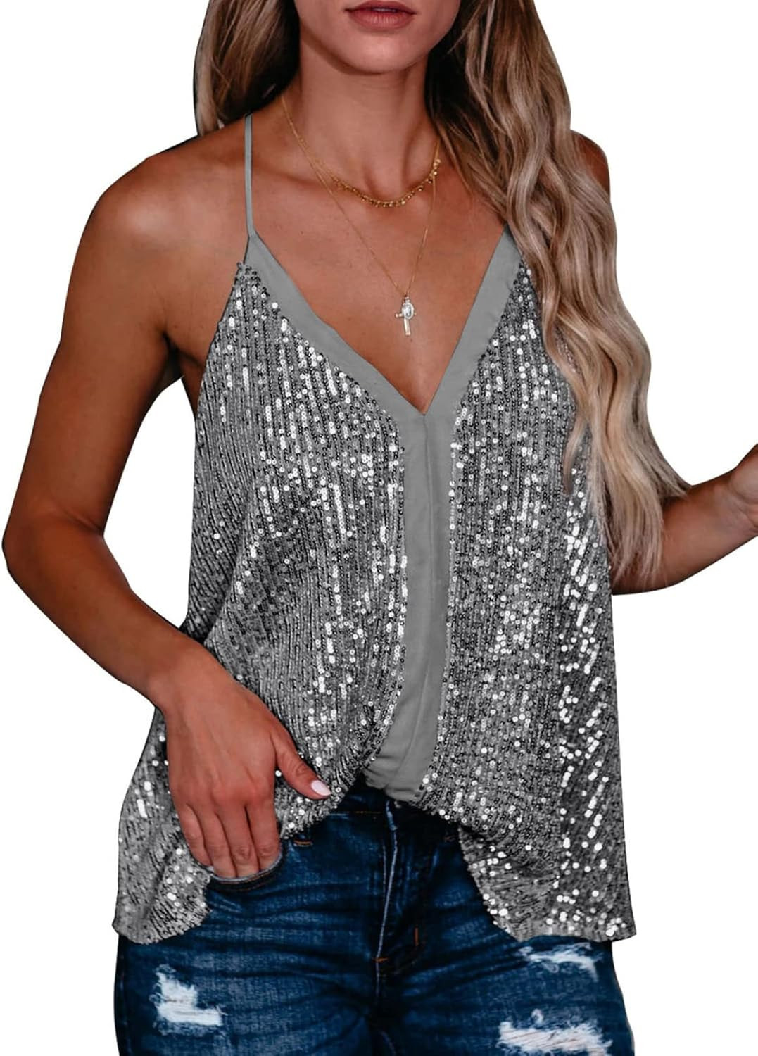 AlvaQ Women's Summer Colorblock V Neck Strappy Tank Tops Loose Casual Sleeveless Shirts Blouses S-XX | Amazon (US)