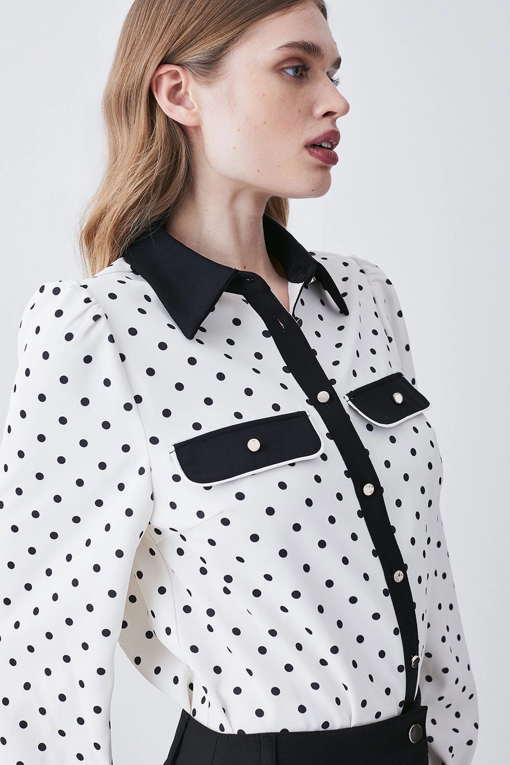 Pin Dot Twill Trimmed Woven Shirt | Karen Millen UK + IE + DE + NL