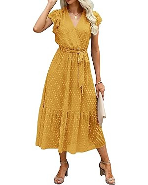 BTFBM Women Summer Bohemian Floral Casual Wrap V Neck Ruffle Cap Sleeveless Belt A-Line Pleated H... | Amazon (US)
