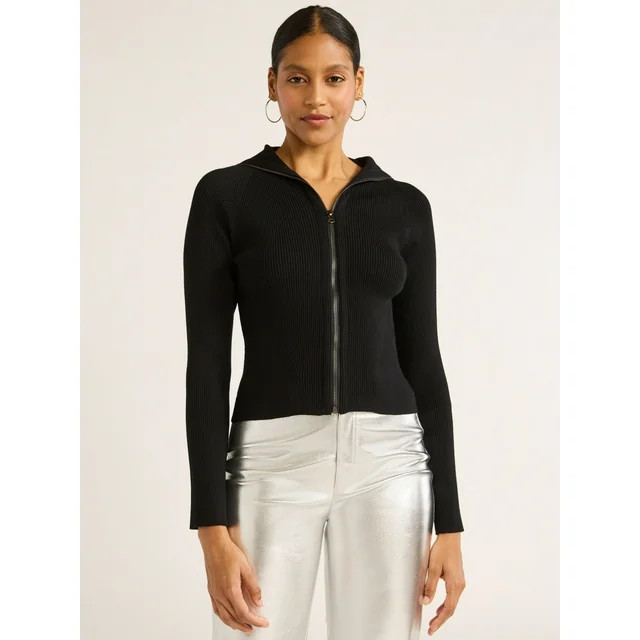 Scoop Women's Ribbed Zip Front Cardigan Sweater, Lightweight, Sizes XS-XXL | Walmart (US)