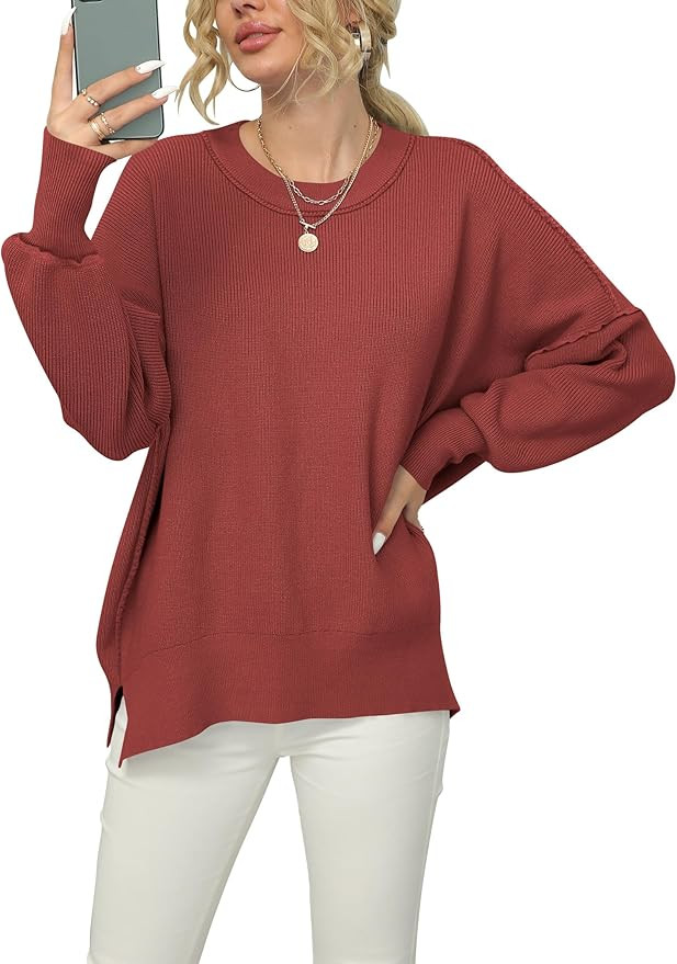 ANRABESS Women Oversized Sweaters Batwing Long Sleeve 2025 Fall Outfits Crewneck Casual Knit Side... | Amazon (US)