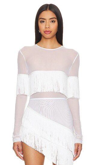 Long Sleeve Crewneck Fringe Top in Snow White | Revolve Clothing (Global)