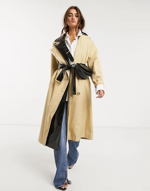 Topshop trench coat with vinyl panels in stone | ASOS (Global)