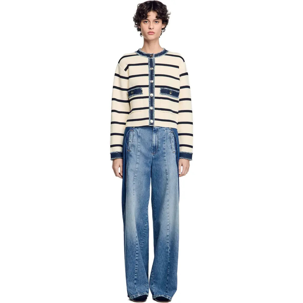 SANDRO Stripy cardigan with denim details in Ecru at Nordstrom, Size Large | Nordstrom