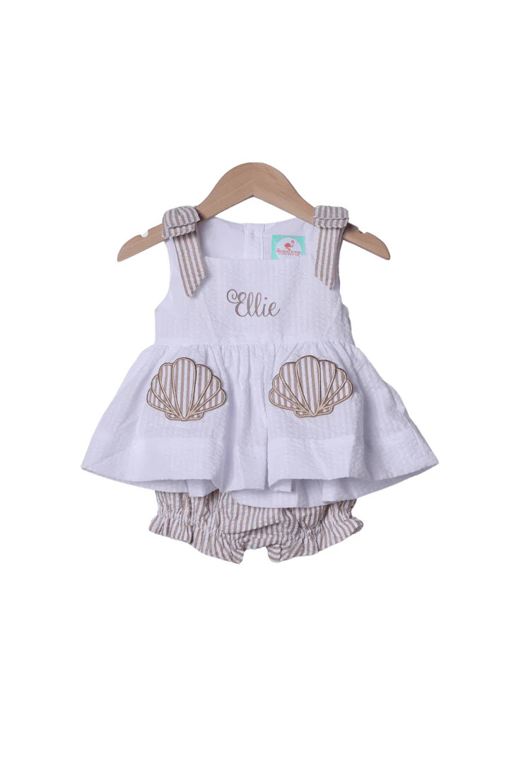 Applique Sea Shell Seersucker Bow Bloomer Set | The Smocked Flamingo