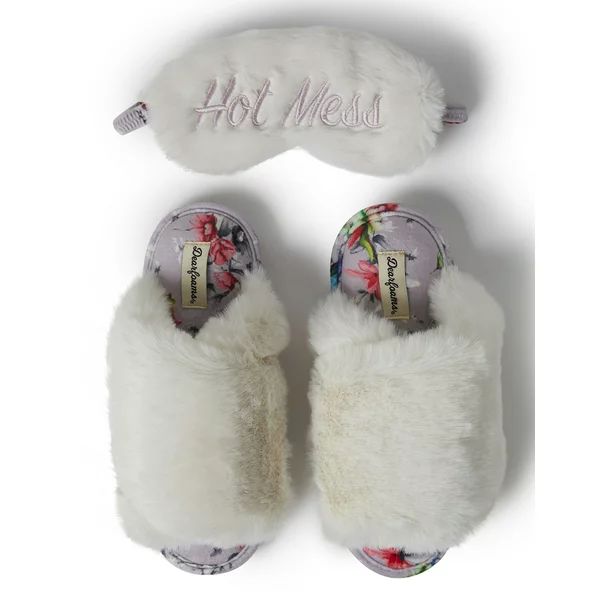 Dearfoams Women's Mother's Day Furry Cross Band Slide with Eyemask Slippers - Walmart.com | Walmart (US)