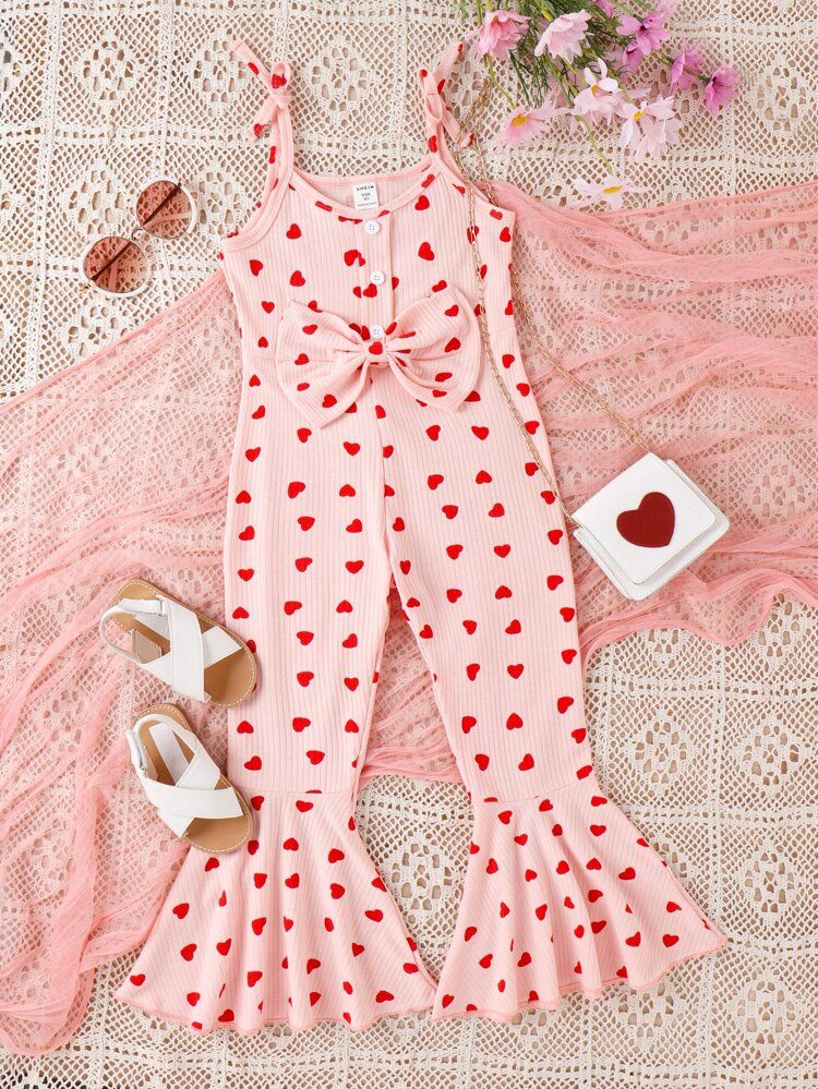 Toddler Girls Heart Print Bow Front Flare Leg Cami Jumpsuit | SHEIN