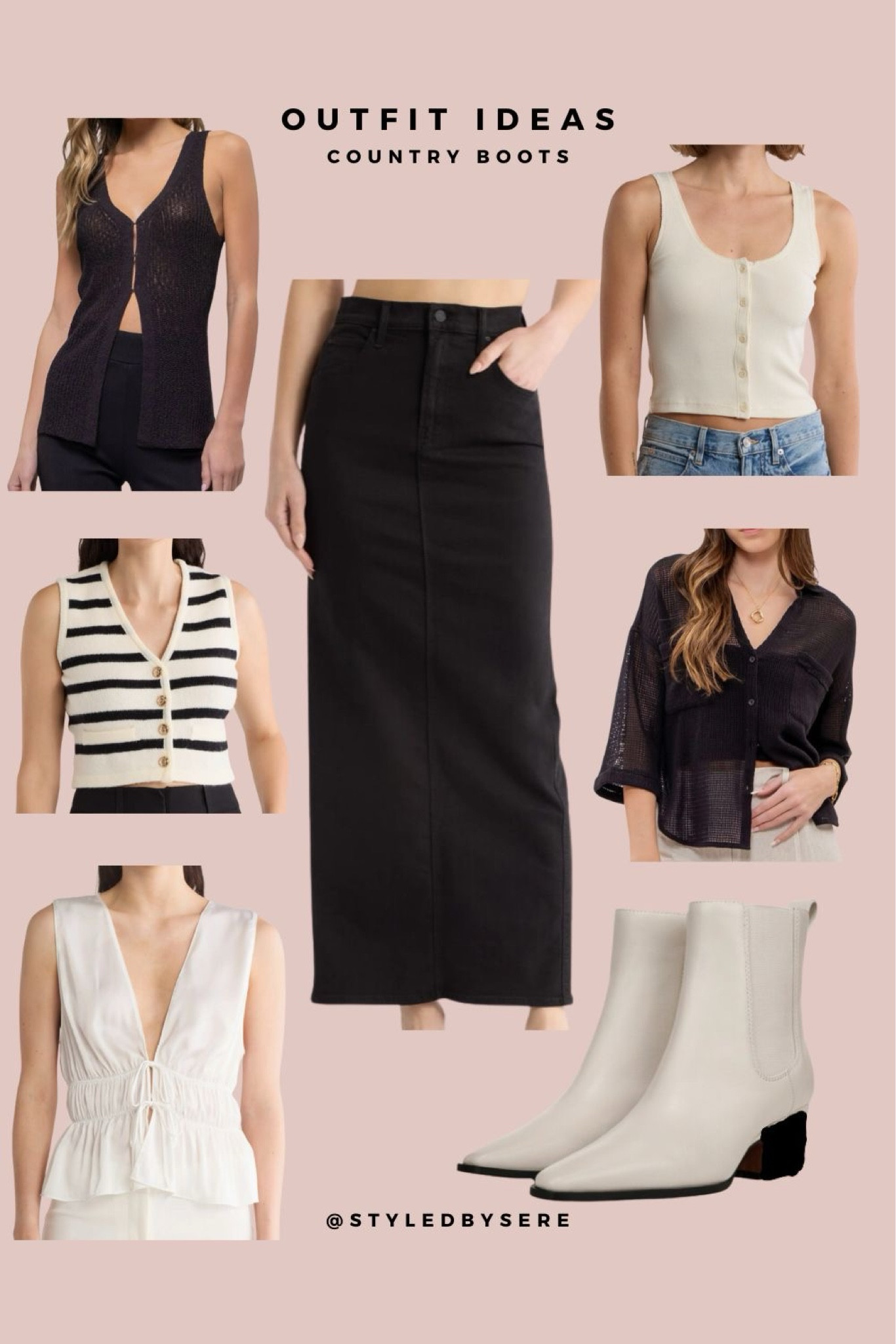 Country Boots: Ebony & Ivory
.

Play up the contrast in color with these awesome outfit options. Base begins with your sleek western booties, add a long black denim skirt (slit up the back for movement & sleek styling. Now add a variety of fun tops that add dimension to the outfit.

#LTKxNSale #LTKShoeCrush #LTKStyleTip