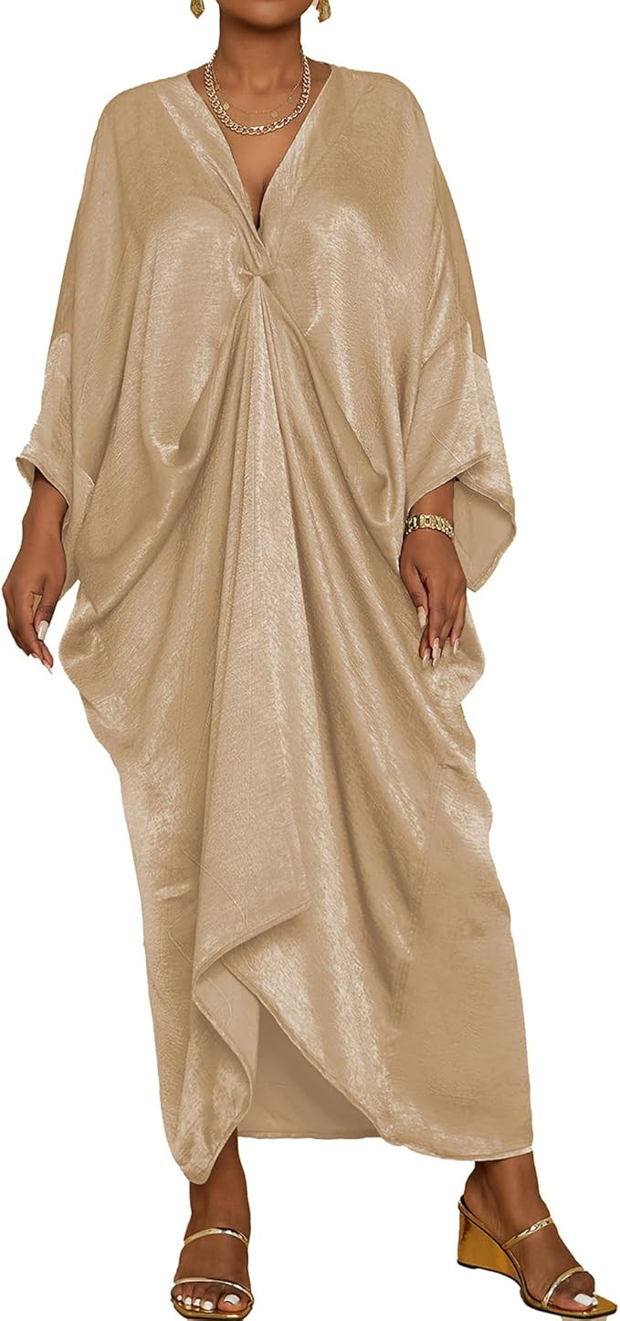 Bsubseach Kaftan Dresses for Women Satin V-Neck Caftans Coverups Long Dress Plus Size Beach Cover... | Amazon (US)