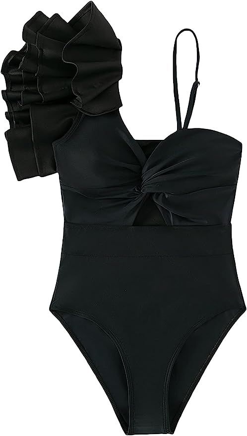 SOLY HUX Women's Onepiece Swimsuit Ruffle Trim Twist Front Bathing Suit Swimwear | Amazon (US)