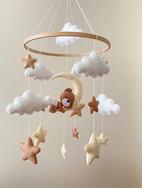 Baby Mobile with sleeping bear, moon, stars, clouds, handmade, felt, beige, gift, baby shower. | Etsy (AU)