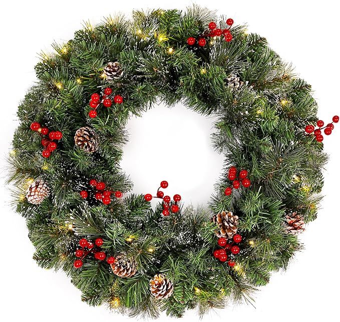 Qukadark 24in Artificial Pre-Lit Fir Green Christmas Wreath,with 50 Warm White LED Lights,Holiday... | Amazon (US)