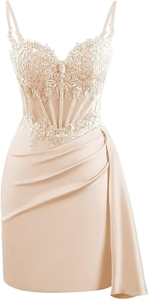 V Neck Satin Homecoming Dresses for Teens Lace Short Porm Dress Mermaid Pleated Bodycon Cocktail ... | Amazon (US)