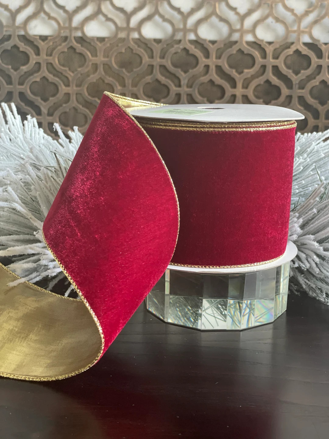 4" x 10 Yards deluxe velvet wired ribbon burgundy gold* | Etsy (US)