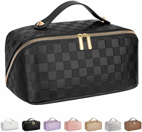 Large Capacity Travel Cosmetic Bag - Portable Makeup Bags for Women Waterproof PU Leather Checker... | Amazon (US)