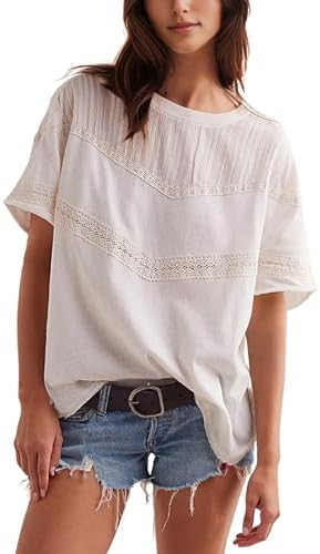 Yidarer Women Summer Oversized Lace Cotton Tops Crew Neck Short Sleeve Cute Shirts Casual Boho Cr... | Amazon (US)