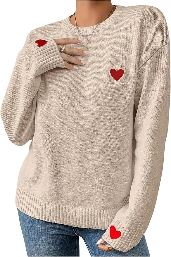 Verdusa Women's Heart Embroidery Pullover Sweaters Fall Clothes Drop Shoulder Knit Tops | Amazon (US)