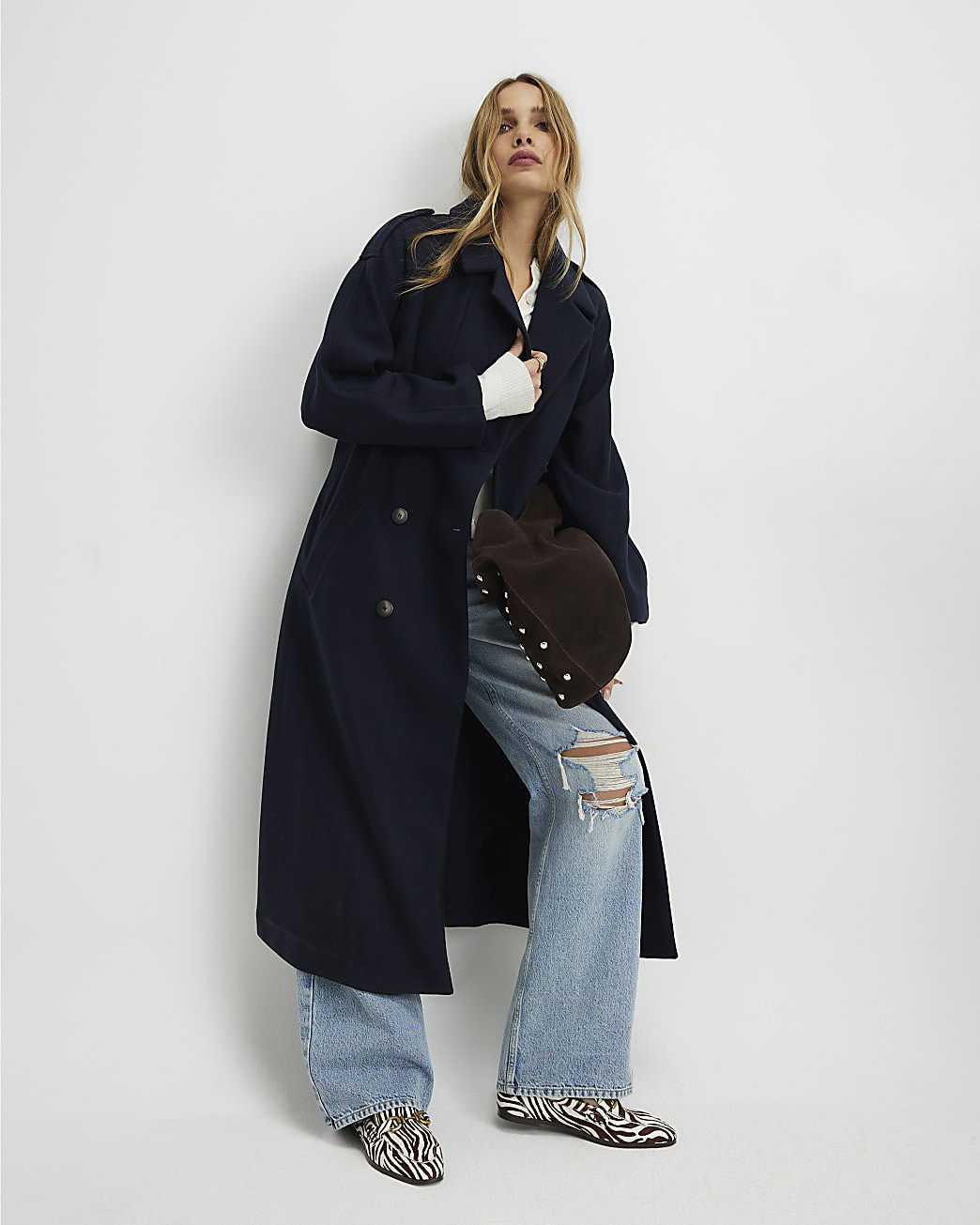 Navy Double Breasted Belted Trench Coat | River Island UK & IE