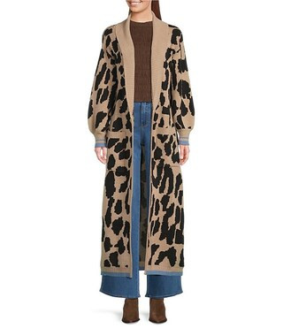 City Girl Leopard Print Shawl Neck Patch Pocket Open Front Duster Cardigan | Dillard's