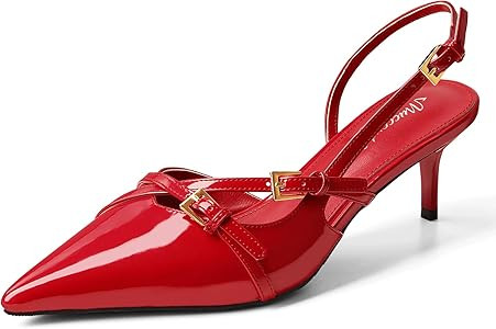MUCCCUTE Kitten Heels for Women Pointed Toe Slingback Low Heels with Buckle Strap Heeled Pumps | Amazon (US)