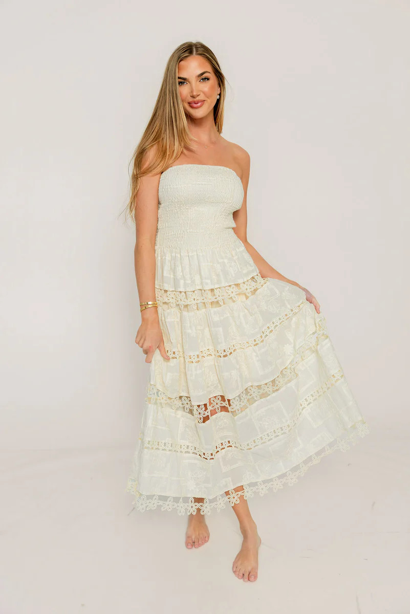 Dianne Embroidery Patchwork Lace Tube Maxi Dress in Ecru | Worth Collective