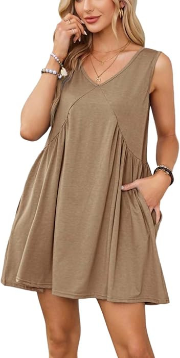 Zhyaj Womens Summer Sleeveless Mini Dress Casual V Neck Loose Comfy Flowy Solid Colour Pleated Be... | Amazon (US)