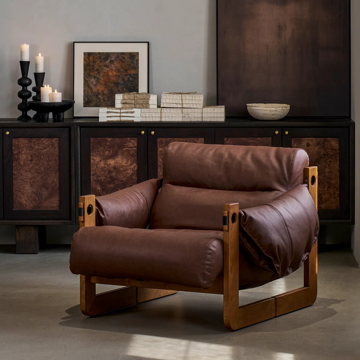 Retro Brown Leather-wrapped Accent Chair, Solid Wood Frame Lounge Chair For Bedroom & Reading Noo... | Wayfair North America