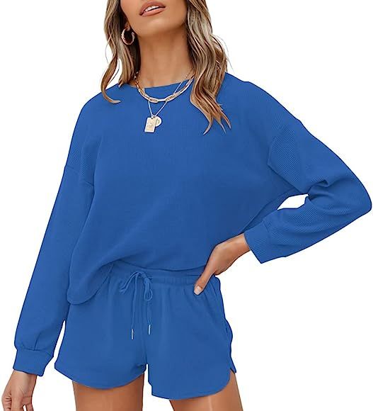 ZESICA Women's Waffle Knit Long Sleeve Top and Shorts Pullover Nightwear Lounge Pajama Set with Pock | Amazon (US)
