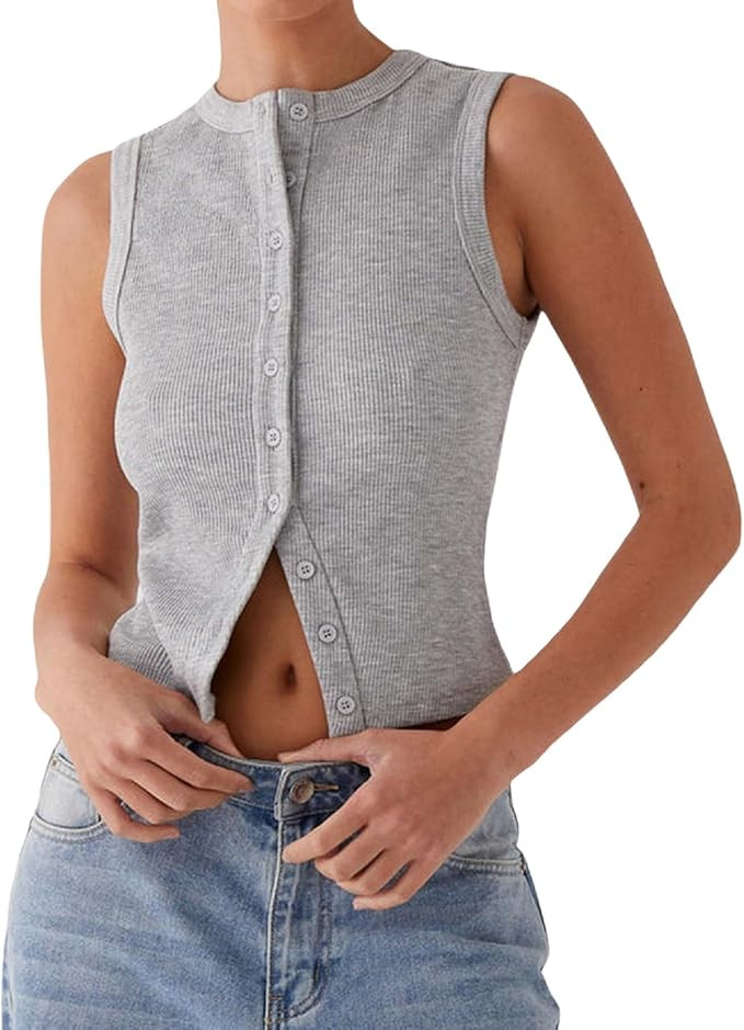 Faretumiya Women Button Down Tank Top Ribbed Summer Vest Tops Slim Fit Open Front Sleeveless Crop... | Amazon (US)