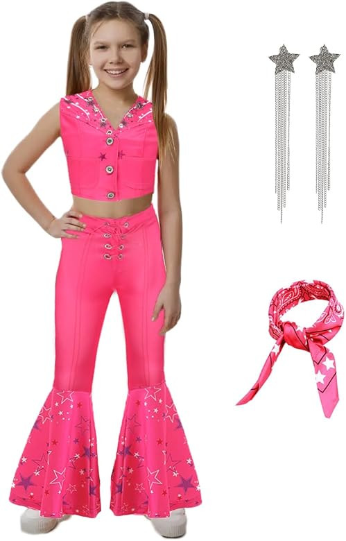 Hitormoon Pink Cowgirl Costume for Girls,70s 80s Hippie Disco Outfits for Kids, Halloween Cosplay... | Amazon (US)