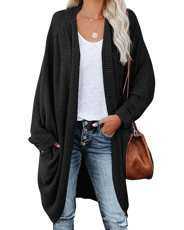 ZoeAce Womens Open Front Knit Cardigan Long Batwing Sleeve Oversized Sweater Chunky Waffle Cable ... | Amazon (US)