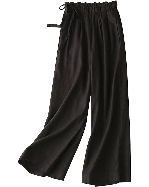 Gihuo Womens Elastic Waist Cotton Linen Pants Cropped Wide Leg Comfy Summer Capri Pants | Amazon (US)
