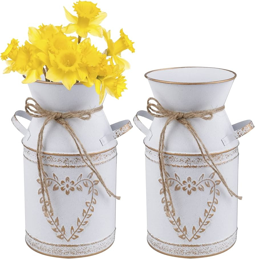 Hacaroa 2 Pack Metal Milk Can Rustic Galvanized Vase, 7.5 Inch Shabby Chic Can Jug with Handle, Prim | Amazon (US)