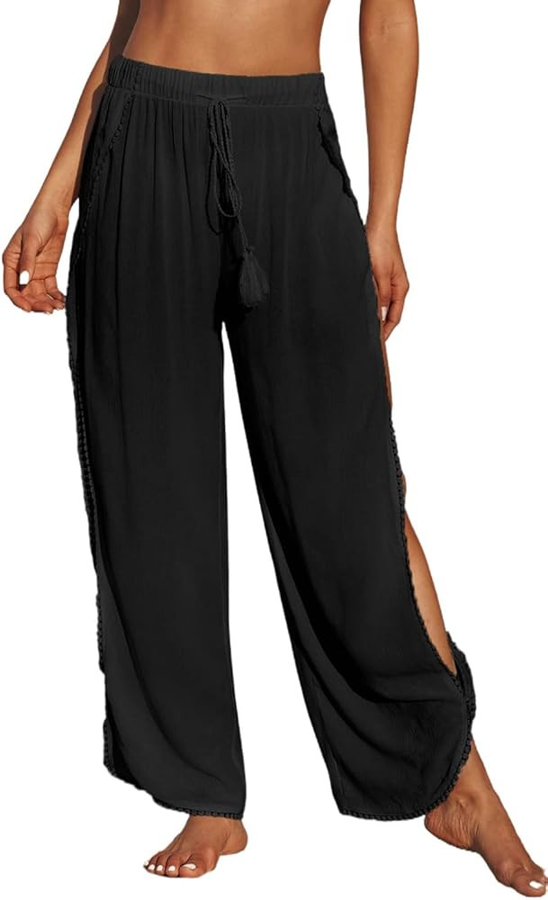Herseas Womens Bathing Suit Cover Up Pants Elastic High Waist Split Thigh Wide Leg Wrap Beach Pants  | Amazon (US)