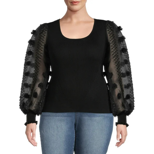 No Boundaries Juniors Plus Size Sheer Sleeve Sweater with Floral Bell Sleeves - Walmart.com | Walmart (US)