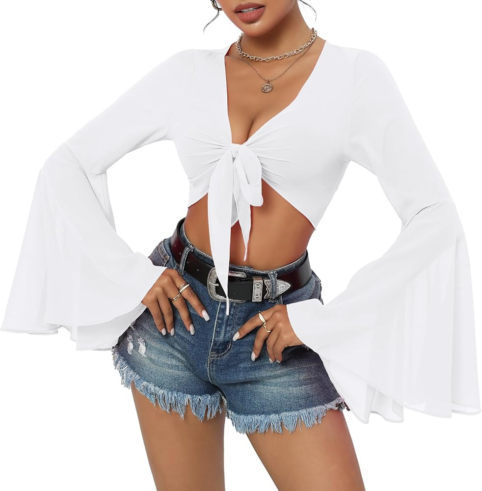 Bell Sleeve Mesh Tops for Women Rave Outfits Tie Front Crop Top Long Sleeve Shirt Sheer Blouse Fe... | Amazon (US)