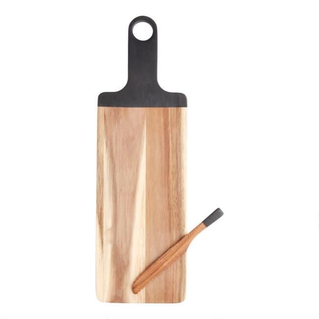 Black Acacia Wood Serving Board and Bread Knife Set | World Market