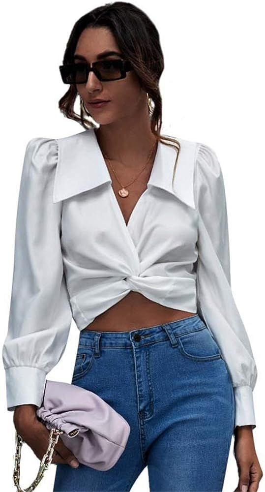 SOLY HUX Women's Twist Front Tie Back Puff Long Sleeve Crop Top Blouse | Amazon (US)