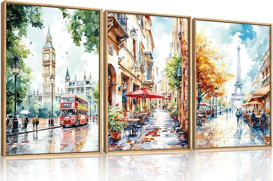 Watercolor European Cityscape Framed Canvas Wall Art Set,London Big Ben & Paris Eiffel Tower Stre... | Amazon (US)
