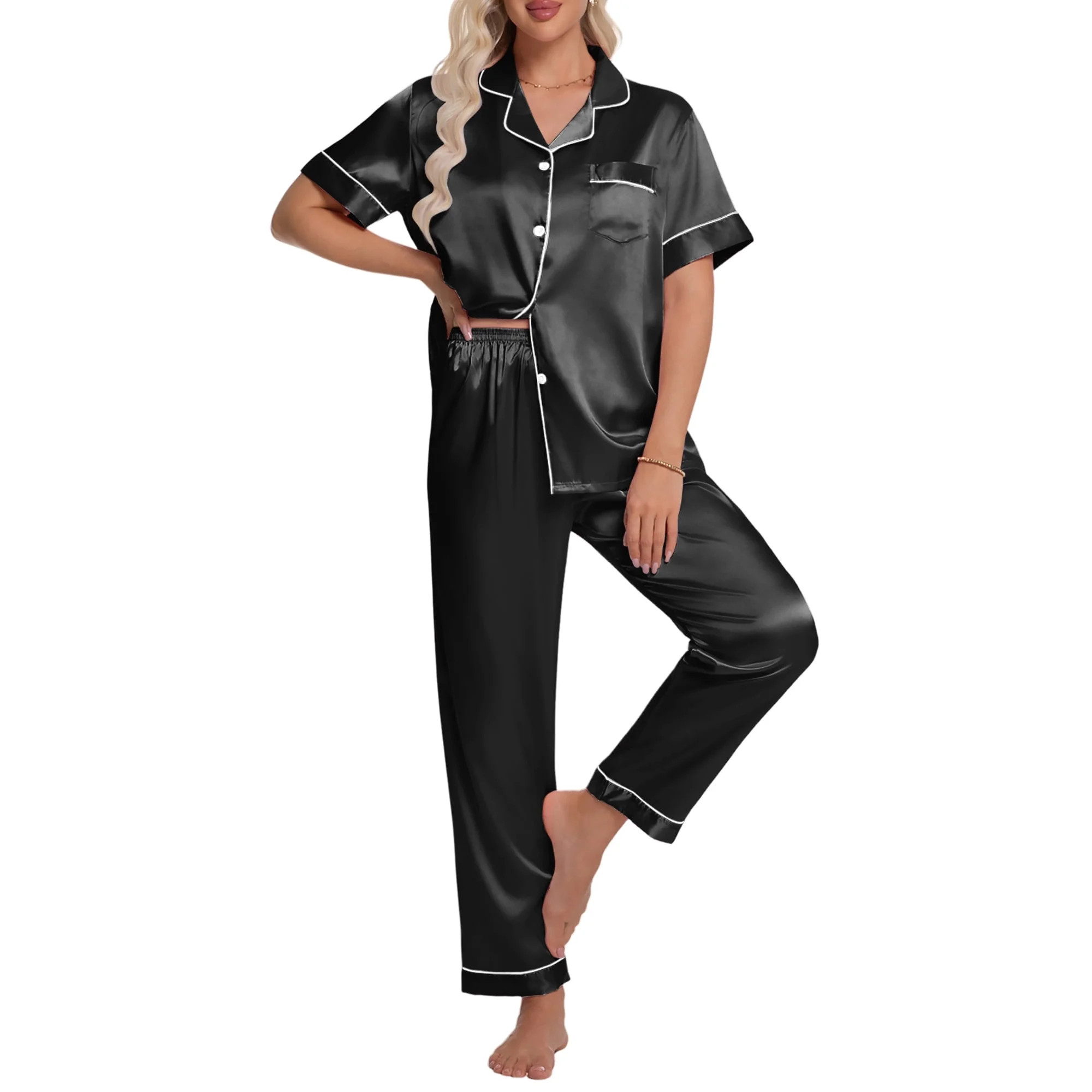 DAKIMOE Silk Satin Pajamas Set for Women Two-Piece Short Sleeve Shirt with Long Pajama Pant Set S... | Walmart (US)